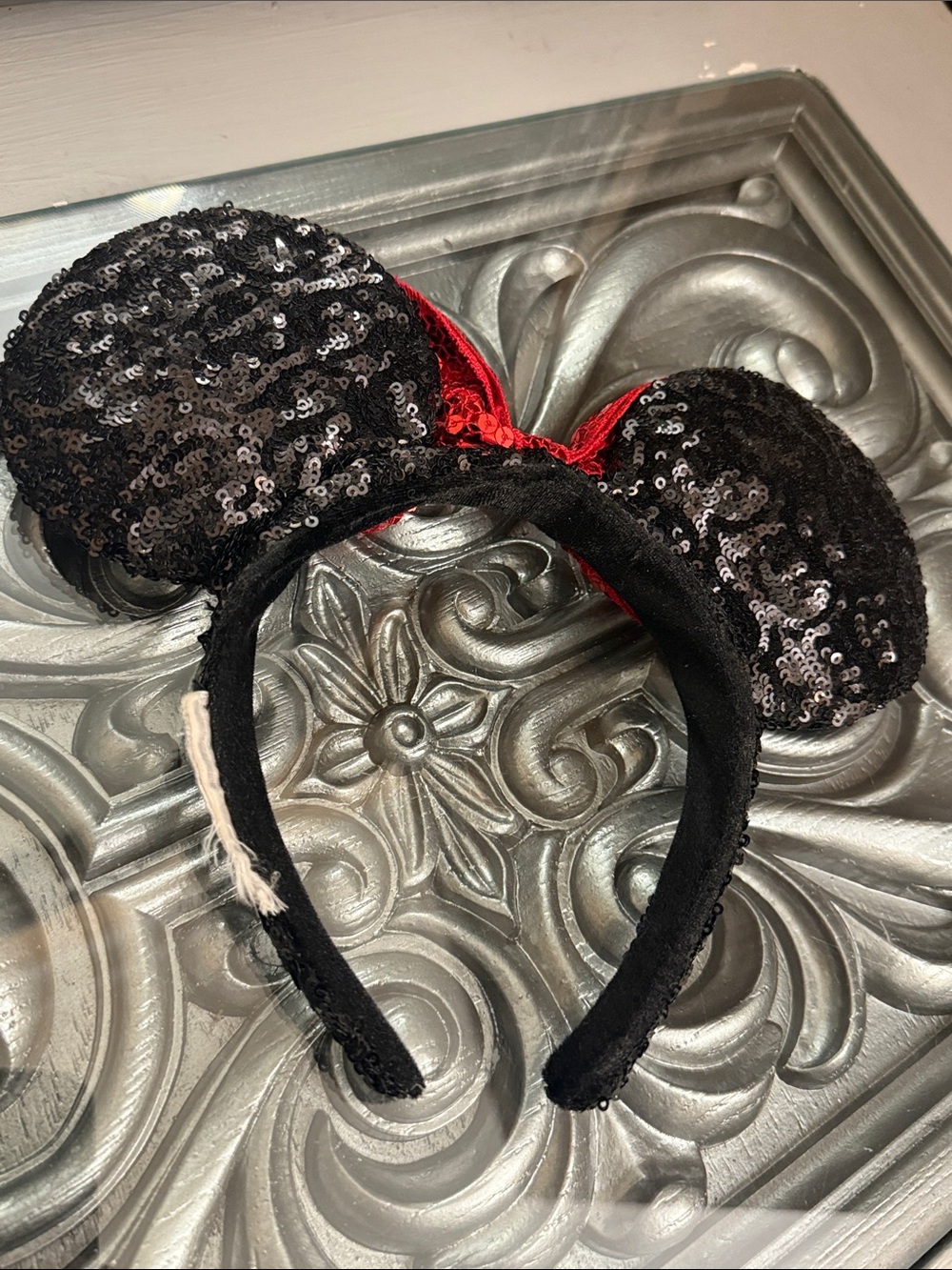 Disney Black Sequin Minnie Ears Headband with Red Bow - Picture 7 of 8